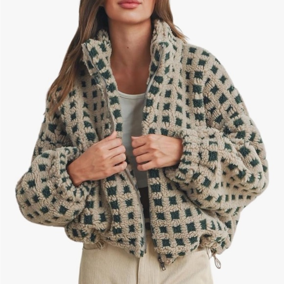 Amazon Jackets & Blazers - Amazon Beige and Dark Green Checkered Sherpa Jacket